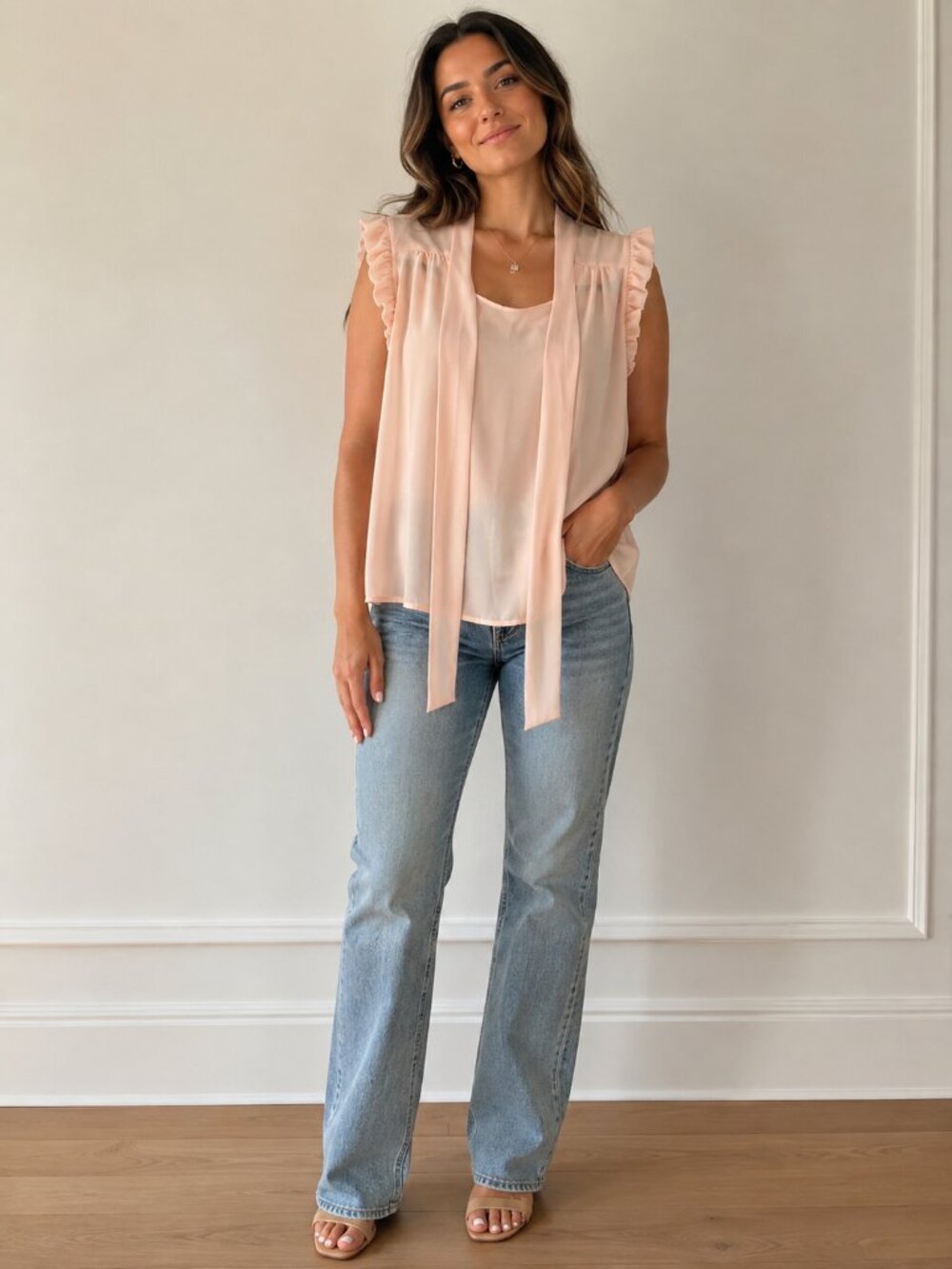 Forever 21 Light Blush Tie-Neck Ruffle Sleeve Blouse
